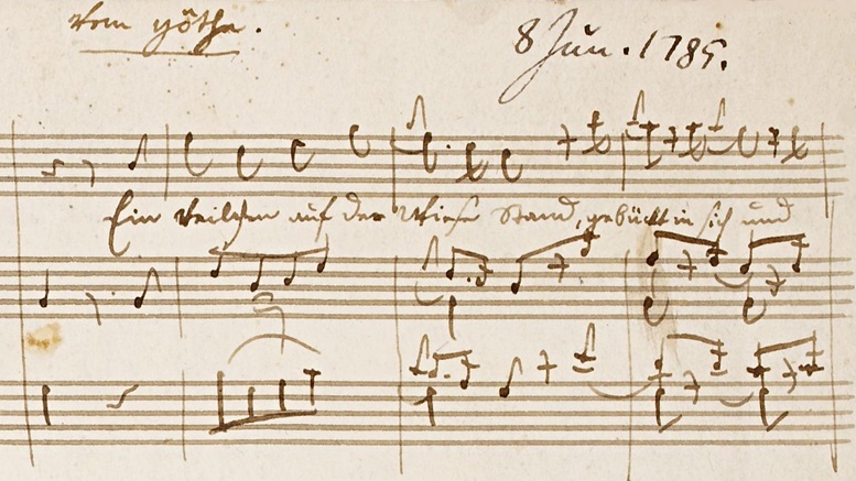Ausschnitt aus dem Autographen von W.A. Mozarts Vertonung des Goethe-Gedichts „Das Veilchen“ (British Library)